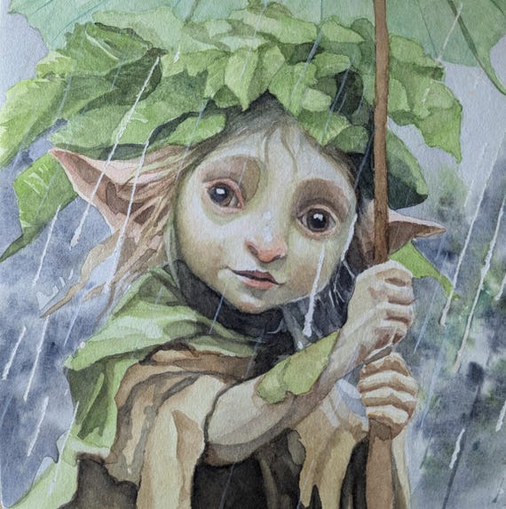 Original watercolor painting, faerie, watercolor paper mounted on wood frame.  8x8 inches.  Varnished and Protected with Dorland wax.