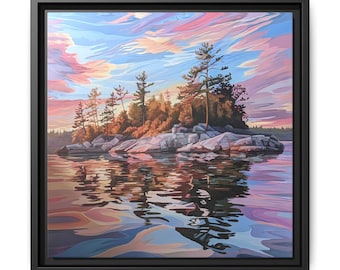 Impresión en lienzo, pintura de isla, paisaje canadiense, bahía georgiana, Muskoka, puesta de sol