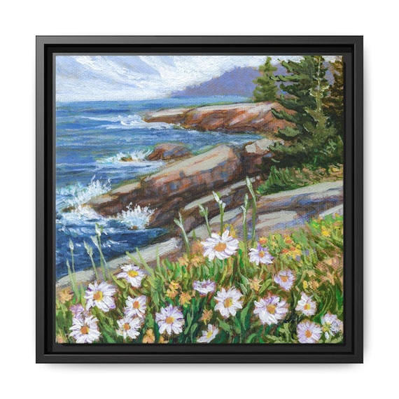 Framed Print, Coastal Daisies Painting, Matte Canvas Wall Art, BC Canadian Shoreline Decor, Ocean View Picture,