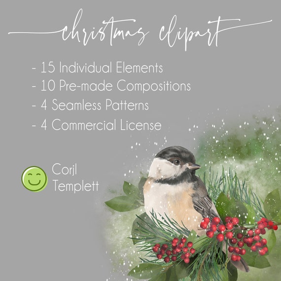 Chickadee Christmas, Digital Illustration, Commercial License, Winter, Graphic Design, Templett, Corjl, clipart