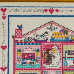 May include: A cross-stitch embroidery of a house with different rooms, each representing a different aspect of building a strong foundation. The text "By wisdom a house is built, and by understanding it is established, and by knowledge the rooms are filled with all precious and pleasant riches, Proverbs 24:3 and 4" is included at the bottom.