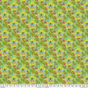 May include: A repeating pattern of bees, leaves, and flowers on a chartreuse background. The bees have gray wings and red and yellow striped bodies. The leaves are green, and the flowers are red. The pattern is evenly spaced.