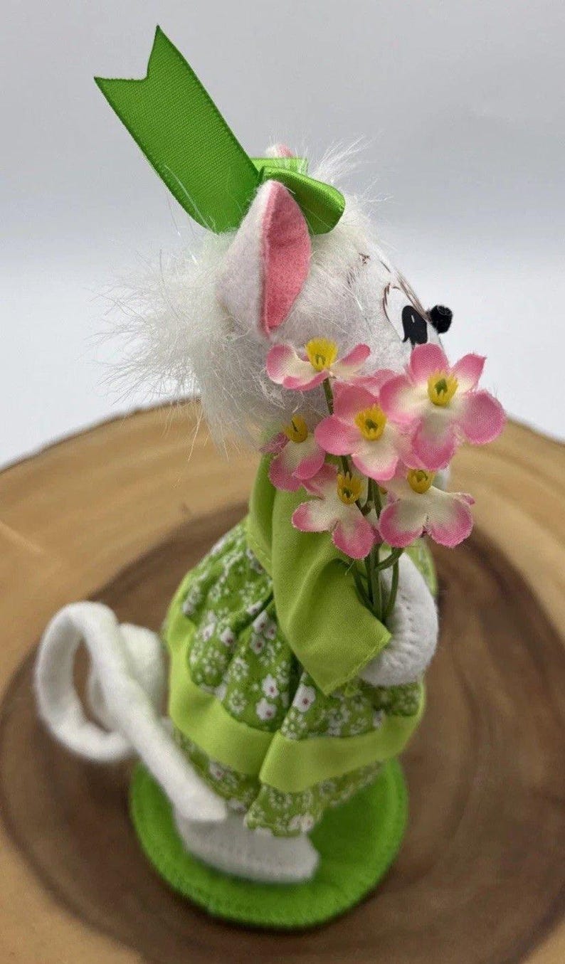 Vintage Annalee Spring Girl Mouse White Doll Green Dress Flowers & Bows 7 image 12