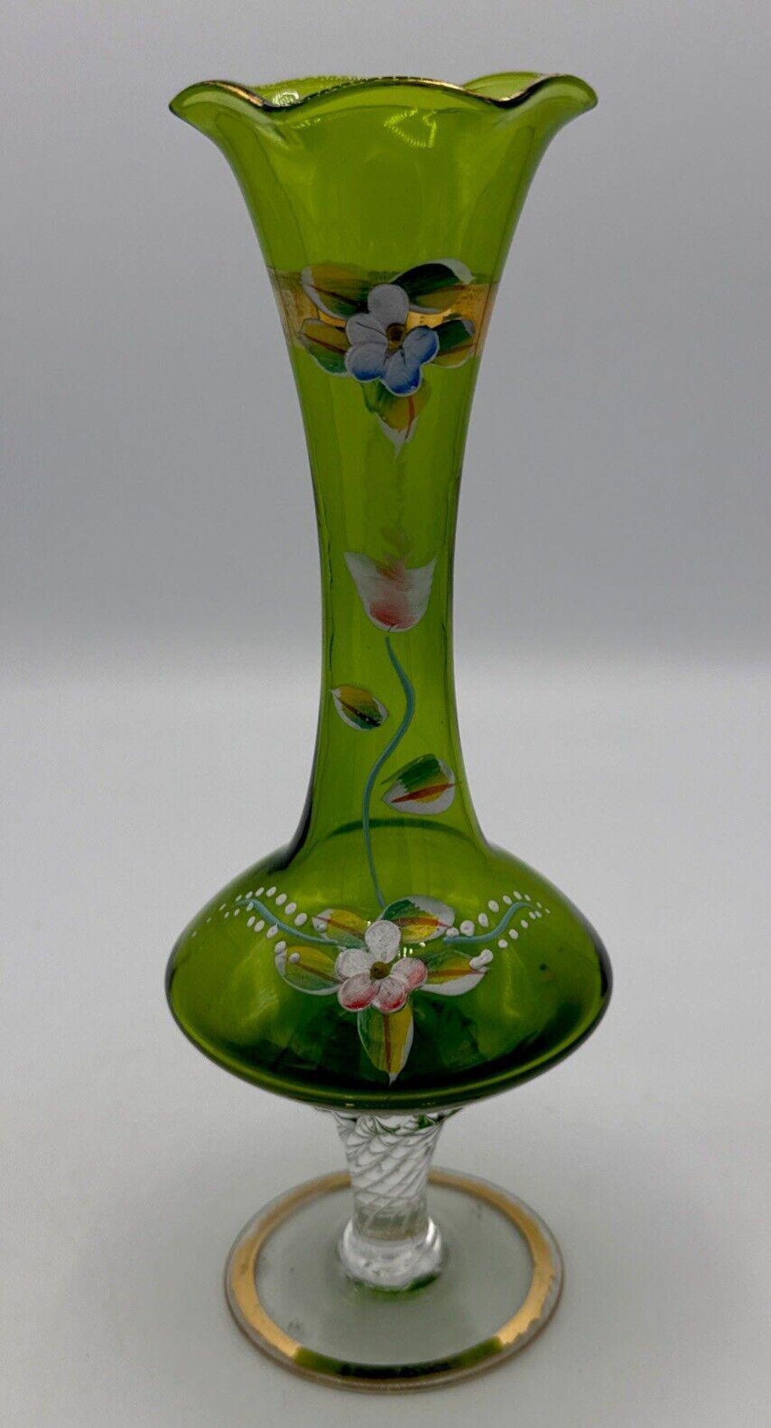 Vintage Green Glass Footed Bud Vase Gold Trim Hand Painted Flowers ...