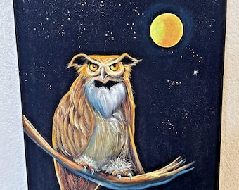 Obraz z czarnego aksamitu w stylu vintage, sowa na gałęzi z księżycem, MCM, 24 x 18, sygnowany