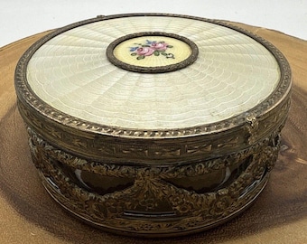 Caja de tocador/baratijas vintage de latón/cristal de Apollo Studios con centro floral 4.5