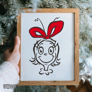 May include: A black and white line drawing of a girl with a red bow on her head. The girl is smiling and has large eyes. The drawing is on a white background.