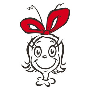 May include: A black and white line drawing of a girl with a red bow in her hair. She has large eyes and a wide smile.