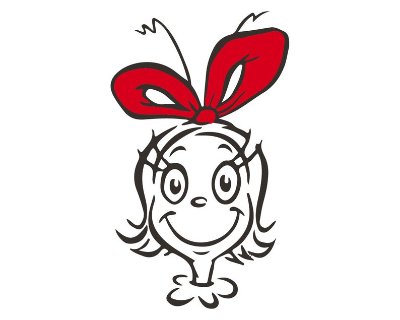 May include: A black and white line drawing of a girl with a red bow in her hair. She has large eyes and a wide smile.