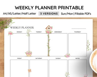 Weekly Planner Printable Horizontal/Landscape, Weekly Schedule, Undated Calendar, Goal Plan, To Do list, Sun/Mon, A5/A4/letter/half letter