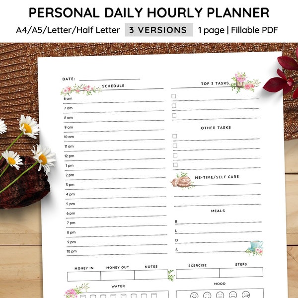 Daily Mental Health & Personal Wellness Tracker Printable Planner Page PDF Insert, Undated Floral Busy Mom To Do List Hourly Schedule Sheet