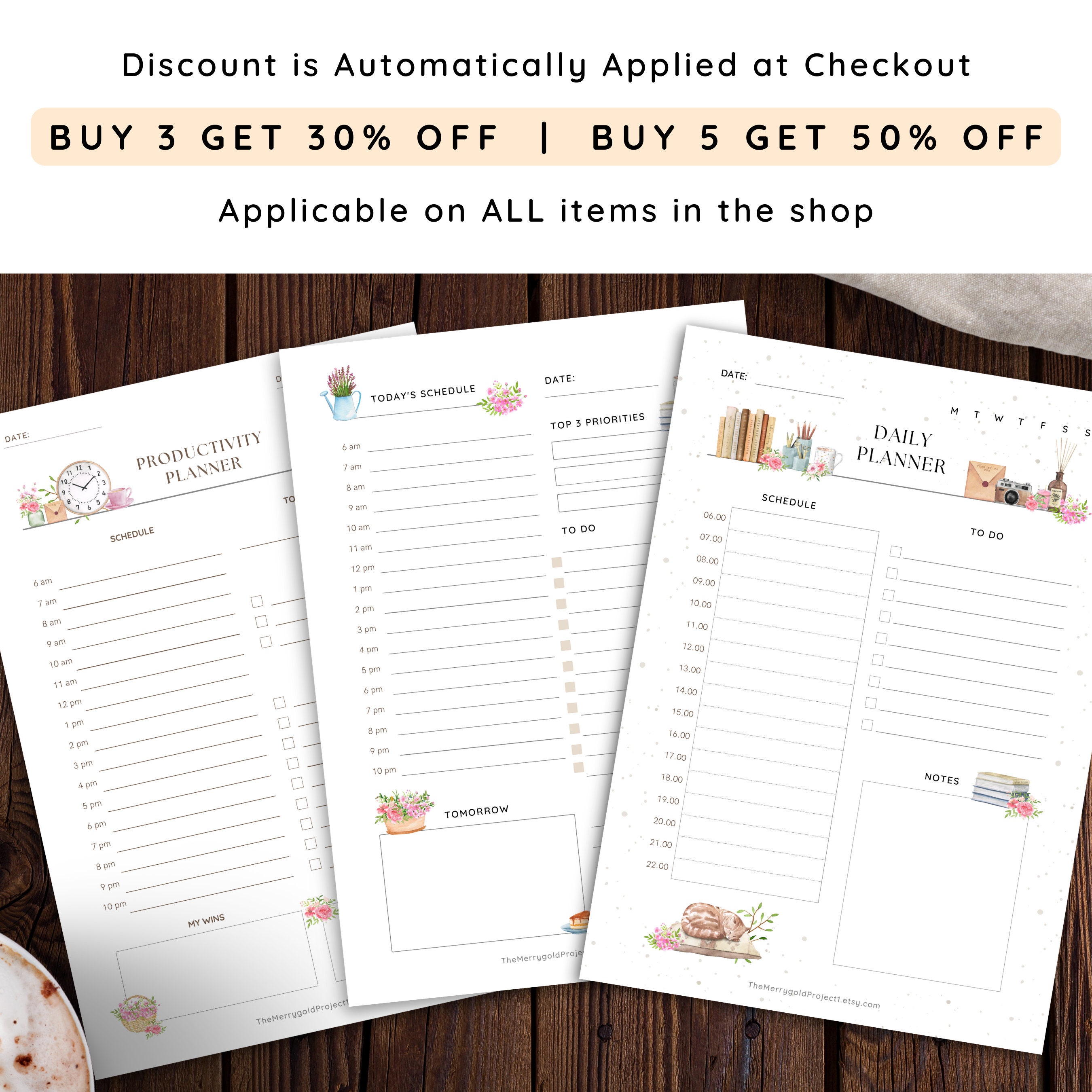 Hourly Planner Printable PDF Watercolor Floral Aesthetic One Page Daily ...