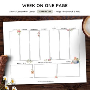 Puede incluir: Un planificador semanal imprimible con un diseño floral. El planificador está dividido en siete días de la semana, con secciones para victorias semanales, desafíos y notas. El texto "WEEK ON ONE PAGE" está en la parte superior de la página.