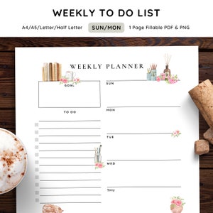 May include: A printable weekly planner with a watercolor illustration of books, coffee cups, and paintbrushes. The planner includes sections for goals, to-do lists, and daily tasks for Sunday through Thursday.