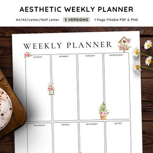 May include: Aesthetic weekly planner with a white background and black lines. The planner includes sections for each day of the week, with floral illustrations. The text "WEEKLY PLANNER" is at the top. The planner is available in 3 versions.