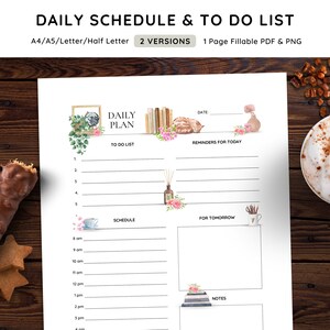 Puede incluir: Un planificador diario imprimible con un diseño de acuarela que presenta un gato, libros, un jarrón de flores y una taza de café. El planificador incluye secciones para una lista de tareas, recordatorios para hoy, un horario, para mañana y notas.