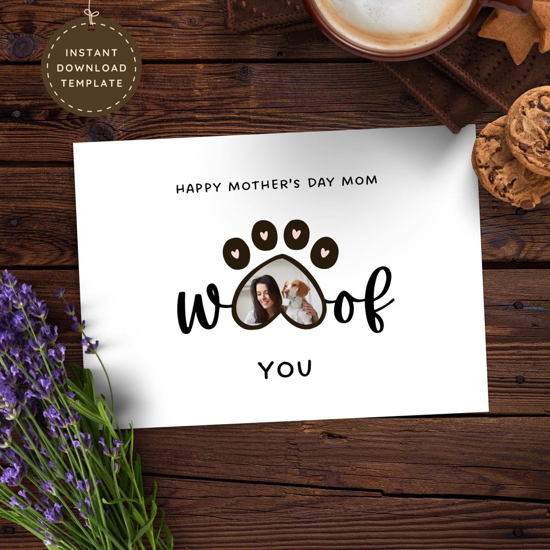 Dog Mom Mothers Day Card Printable, Cute Paw Print Personalized Photo ...