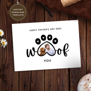 Hond papa afdrukbare Happy Fathers Day Card, gepersonaliseerde naam bont baby aangepaste foto pootafdruk, grappige fotokaart van puppy voor hond opa