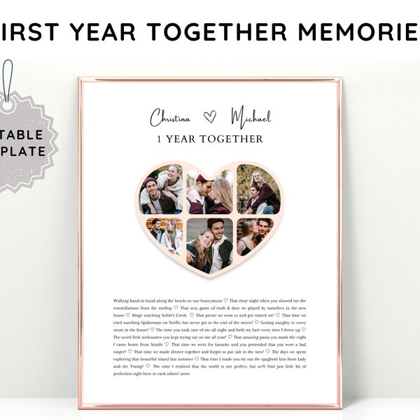1 Year Anniversary Gift for Girlfriend Heart Photo Collage, 1st Anniversary Gift for Wife, Paper Gift for First Anniversary, One Year Dating