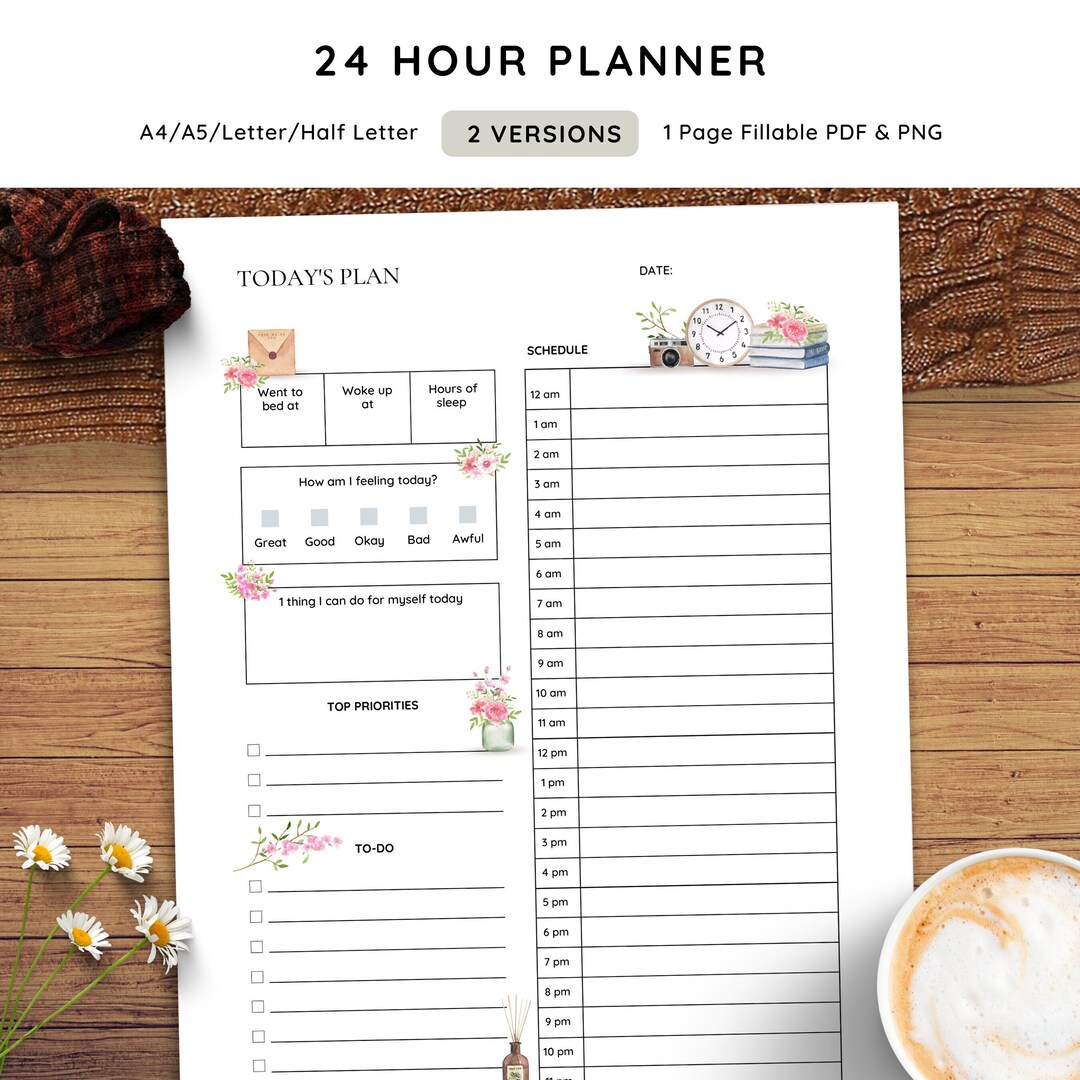 24 Hour Planner Printable Daily Schedule With to Do List Cute - Etsy Canada
