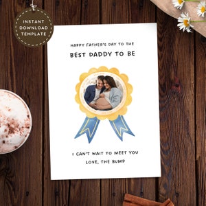 Primo biglietto fotografico per la festa del papà in attesa di diventare papà, immagine regalo personalizzata per la prima volta che presto diventerà papà dal pancione e dalla moglie