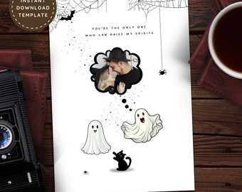 Spooky Valentines Day Horror Photo Card for Her, Cute Ghost Romantic Love Card Printable, Funny Creepy Black Cat Goth Wife Anniversary Card