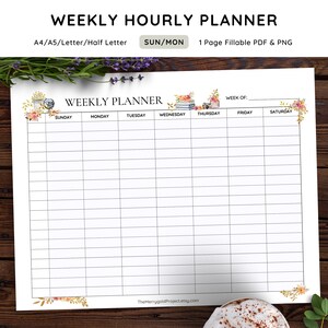 May include: A printable weekly planner with a floral design. The planner is divided into seven columns for each day of the week, Sunday through Saturday. The planner has a space at the top for the week of.