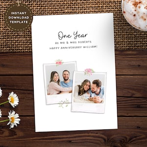 Romantic 1 Year Anniversary Card for Wife, Personalized Printable Paper Gifts for First Anniversary for Her, Custom Picture Card for Husband