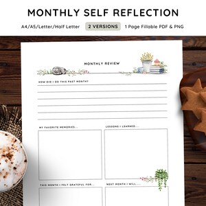 Peut inclure: Page de journal imprimable pour la réflexion mensuelle avec un motif floral et le texte "Revue mensuelle". La page comprend des sections pour "Comment ai-je fait ce mois-ci ?", "Mes souvenirs préférés", "Les leçons que j'ai apprises", "Ce mois-ci, j'ai été reconnaissant pour", et "Le mois prochain, je vais..."