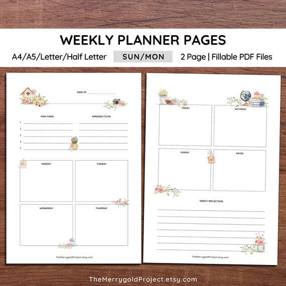 Weekly Planner Printable Pages Weekly Agenda Week at a | Etsy