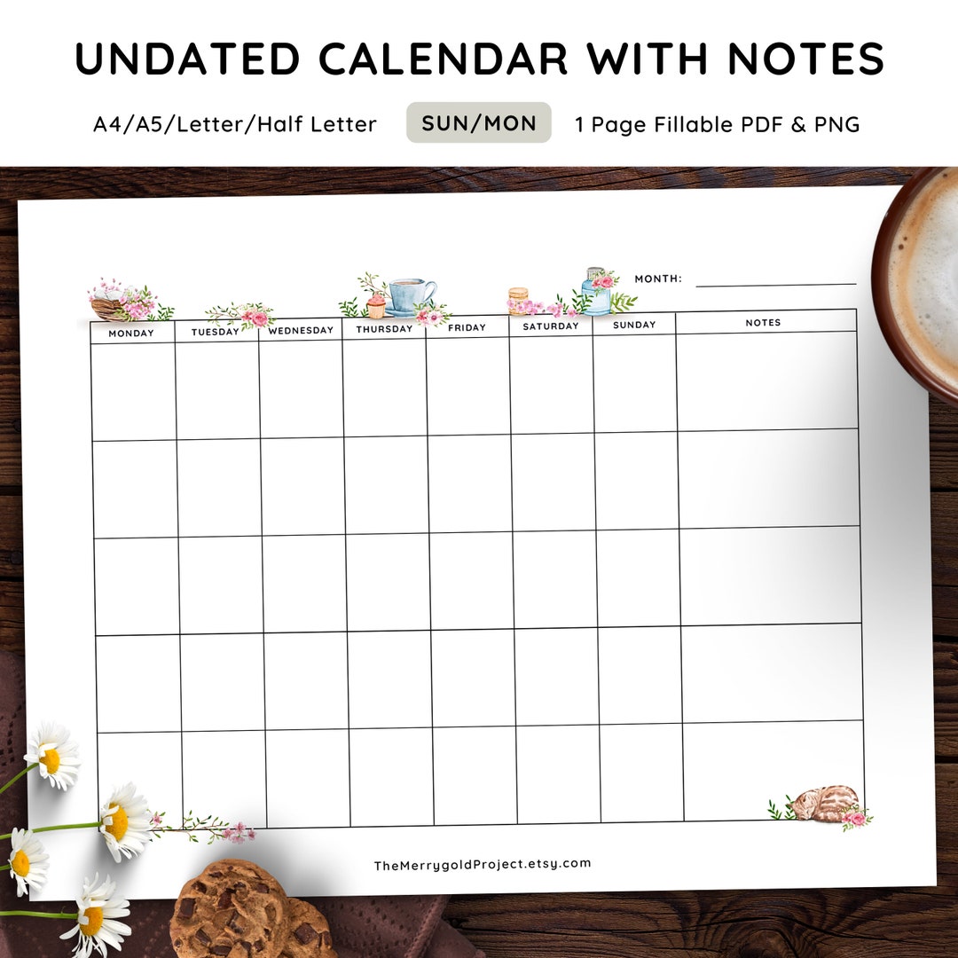 Undated Calendar Monthly Planner Page Insert Cute Printable Month at a ...