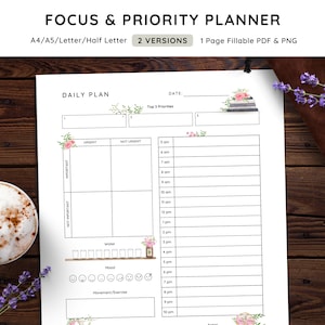 May include: A printable daily planner with a black and white design. The planner includes sections for daily tasks, top 3 priorities, water intake, mood, and movement/exercise. The planner is decorated with floral illustrations.
