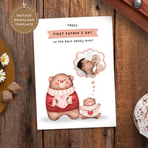 Première carte imprimable papa ours pour la fête des pères de bébé, fils et femme pour mari, cadeau photo personnalisé drôle pour papa pour la première fois et enfant