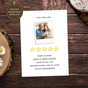 Carte de fête des pères drôle imprimable de la fille ou du fils, carte photo personnalisée à insérer pour papa 5 étoiles, beau-père ou cadeau photo unique pour papa