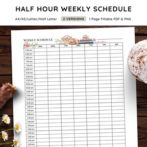May include: A printable weekly schedule planner with half-hour increments, starting at 5:30 am and ending at 6:00 pm. The planner is divided into seven columns for each day of the week, with a header row for the days of the week. The planner is decorated with a watercolor illustration of a basket of flowers, a cat, books, and a jar of flowers.