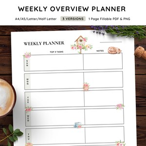May include: A printable weekly planner with a floral theme. The planner has a section for top 3 tasks, a daily schedule, and a notes section. The planner is decorated with watercolor illustrations of a birdhouse, flowers, a teapot, and a cat.