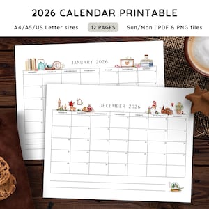 Op de afbeelding: Een afdrukbare kalender voor 2026, in A4/A5/US Letter formaten, met 12 pagina's en PDF & PNG bestanden. De kalender toont maandelijkse lay-outs met decoratieve elementen. De januari- en decemberpagina's zijn zichtbaar, met de tekst "2026 CALENDAR PRINTABLE" bovenaan.