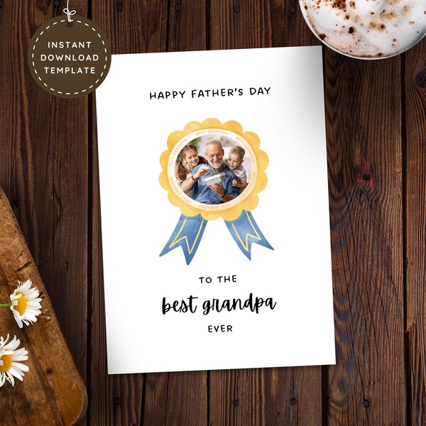 Grandpa Happy Fathers Day Printable Best Grandad Ever Card for Grandfather, Personalized Picture Photo Card for Papa, Father In Law, Gramps