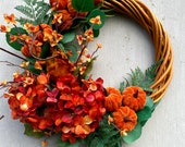 Orange Velvety Pumpkin Hydrangea Willow Wreath