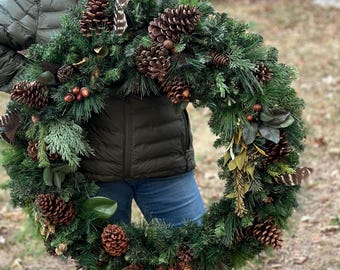 Rustic Christmas Wreath, Large Traditional Evergreen Wreath, winter wreath with pinecones, Farmhouse Wreath for front door