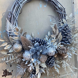 Silver Winter wreath, Holiday metallic wreath, Frosty silver and gold wreath, Rustic winter wreath, Wintertime cottage core decor