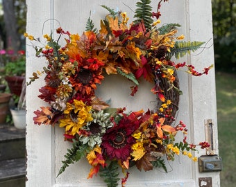 Autumn fall wreath with sunflowers-Showstopper! Wall decor, Double Wreath, gifts, Available in 3 sizes!!! Fall Rustic Wreath for Front Door