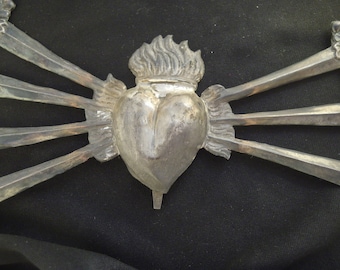Antique Silver Virgin Mary Pin: Seven Daggers Sacred Heart, 19th Century Spain