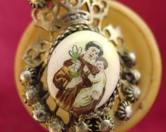 Antique Silver Filigree Medal: Enamel Saint Joseph and Child, Circa 1890