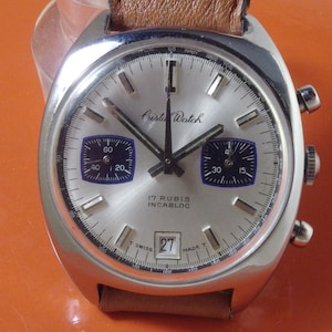 6688 Original vintage Chronograph chrono Cristal Watch, Valjoux 7734, calendar at six, 1970&#39;ies