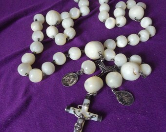 Antique Sterling Silver Rosary: Oversized Mother of Pearl Beads, Spanish Crucifix (1890)