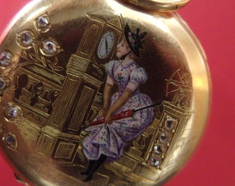4534 Exquisite antike 18K Gold, Emaille & Diamanten Longines Taschenuhr, viktorianisch, um 1890