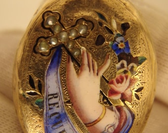 14K Gold Enamel Locket Pendant Cross with Pearls, Spanish Reliquary, 1880