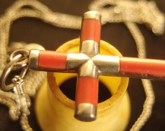 Silver Red Coral Catholic Cross with Silver Chain