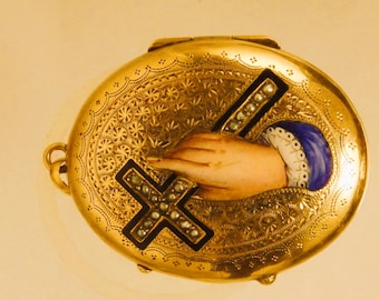 Victorian 18K Gold Enamel Reliquary Locket: Seed Pearl Cross, Spain C.1870